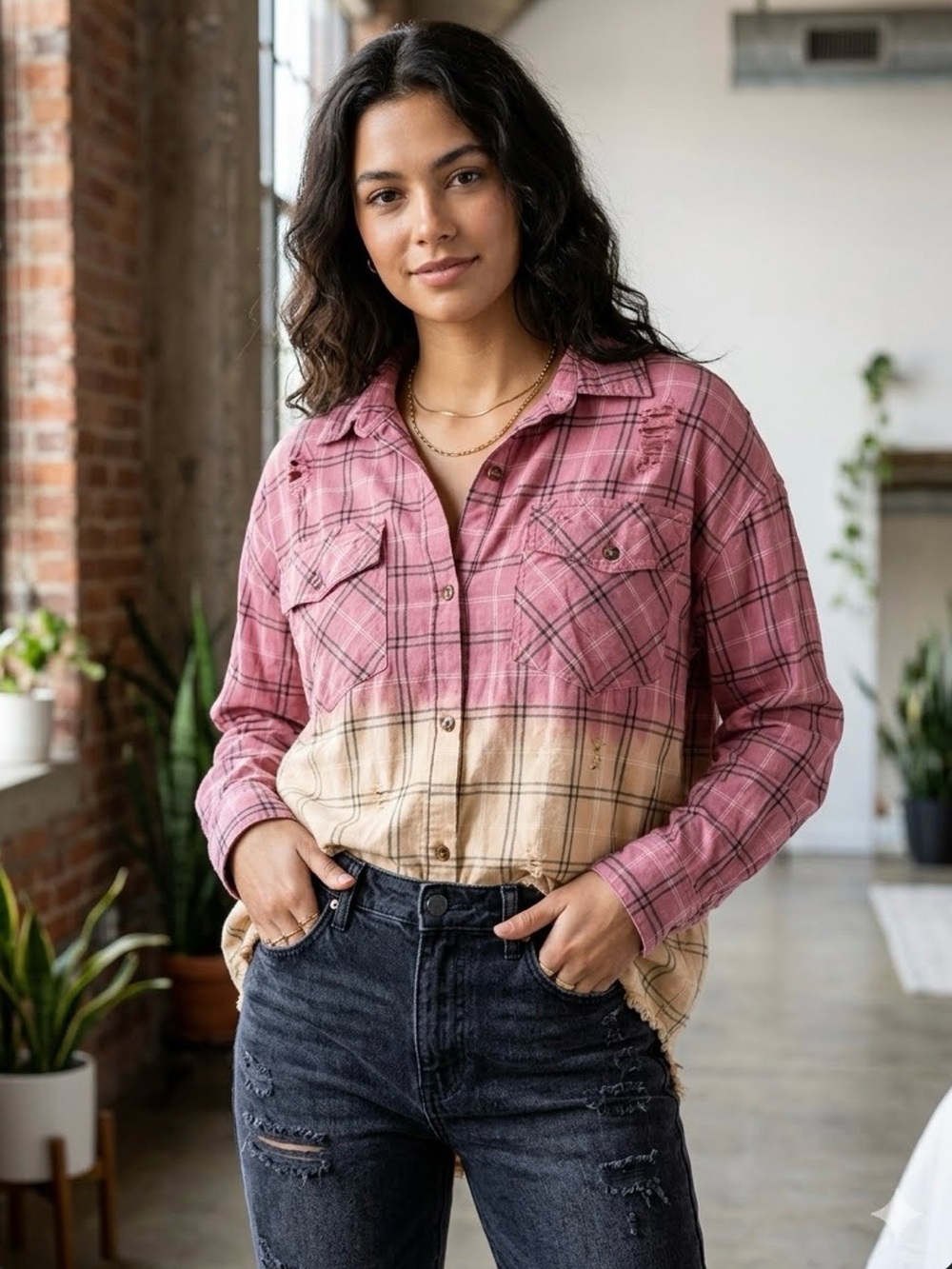 White Birch Upcycled Bleach Dipped Plaid Flannel Distressed Grunge Boho L